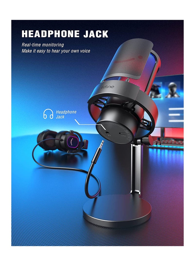 Gaming Microphone, USB PC Mic For Streaming, Podcasts, Recording, Condenser Computer Desktop Mic On Mac/PS4/PS5, With RGB Control, Mute Touch, Headphone Jack, Pop Filter, Stand- AmpliGame A8 Black