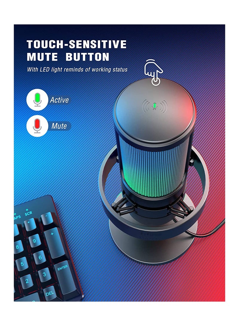 Gaming Microphone, USB PC Mic For Streaming, Podcasts, Recording, Condenser Computer Desktop Mic On Mac/PS4/PS5, With RGB Control, Mute Touch, Headphone Jack, Pop Filter, Stand- AmpliGame A8 Black