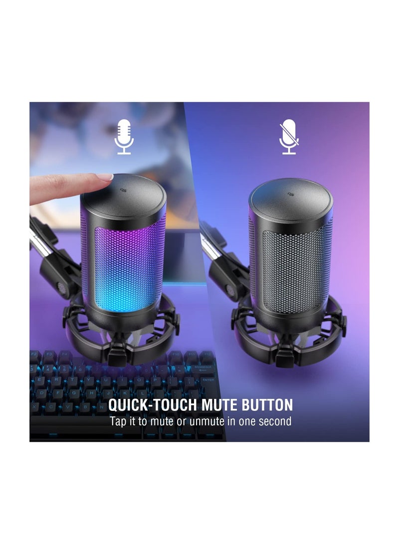 USB Gaming Microphone Kit, RGB Condenser Microphones Set For PC PS4 PS5 With Mute Button, PopFilter, Microphone Arm, Shock Mount For Streaming Podcast YouTube Videos A6T Black