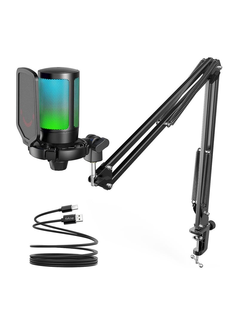USB Gaming Microphone Kit, RGB Condenser Microphones Set For PC PS4 PS5 With Mute Button, PopFilter, Microphone Arm, Shock Mount For Streaming Podcast YouTube Videos A6T Black