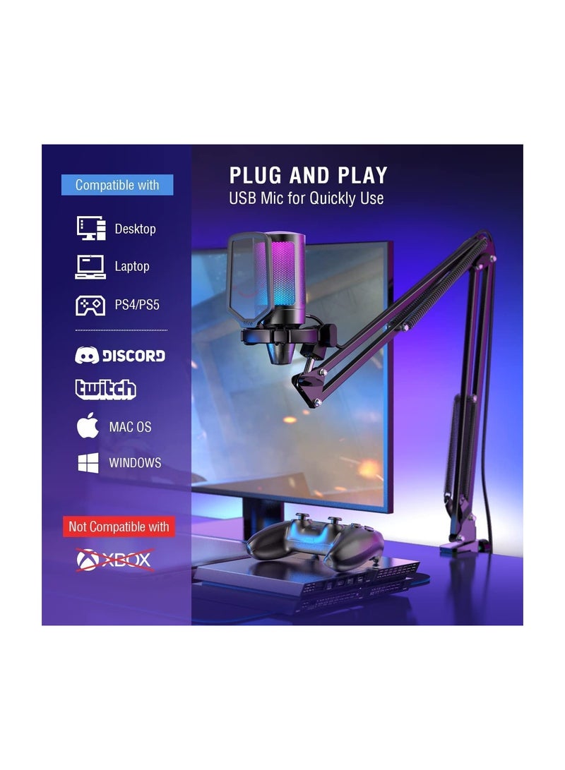 USB Gaming Microphone Kit, RGB Condenser Microphones Set For PC PS4 PS5 With Mute Button, PopFilter, Microphone Arm, Shock Mount For Streaming Podcast YouTube Videos A6T Black