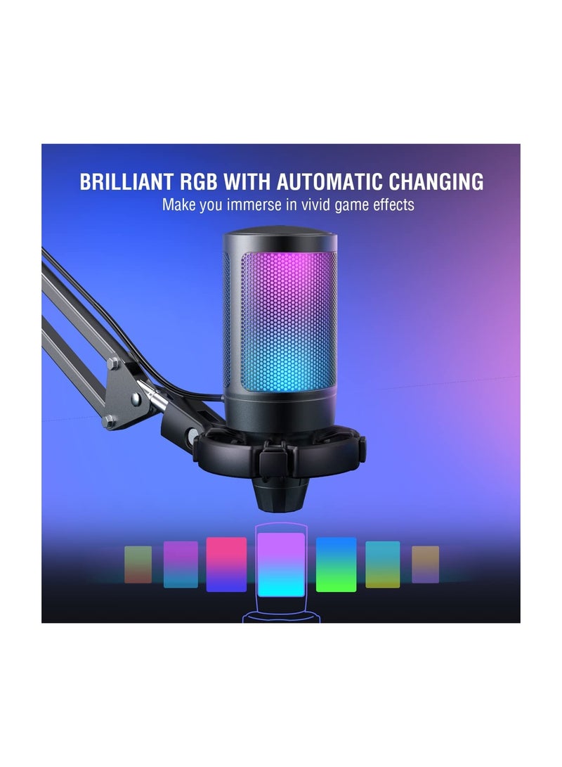 USB Gaming Microphone Kit, RGB Condenser Microphones Set For PC PS4 PS5 With Mute Button, PopFilter, Microphone Arm, Shock Mount For Streaming Podcast YouTube Videos A6T Black