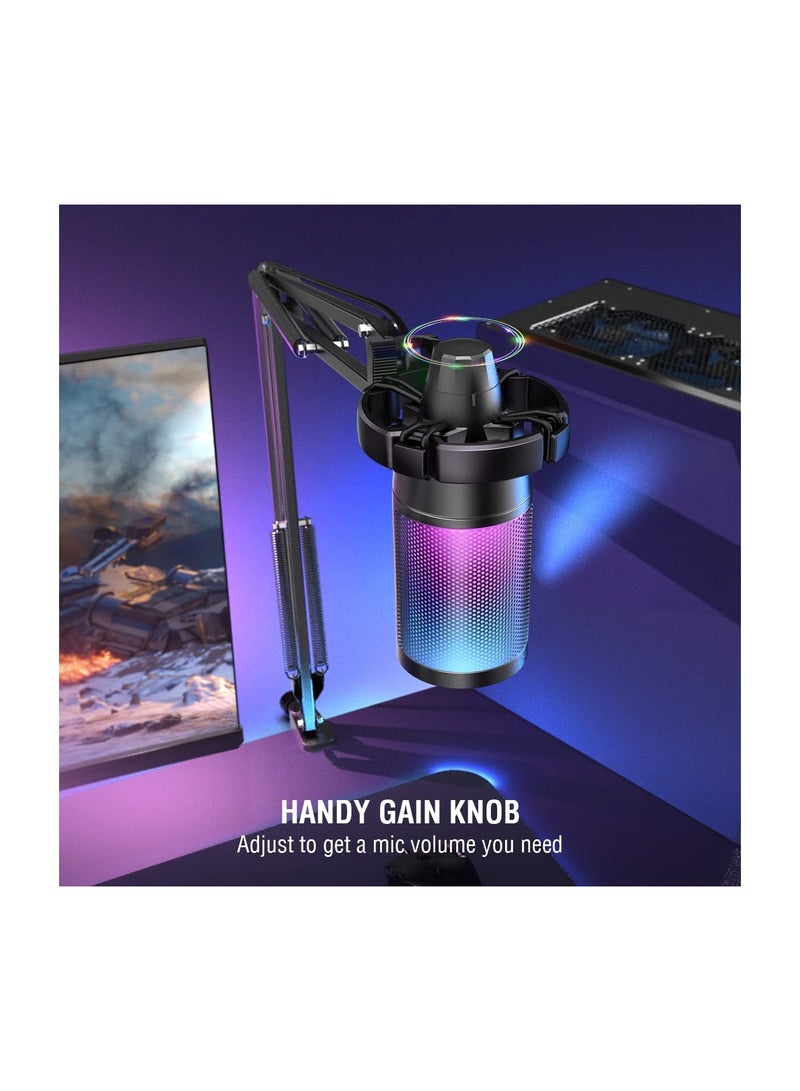 USB Gaming Microphone Kit, RGB Condenser Microphones Set For PC PS4 PS5 With Mute Button, PopFilter, Microphone Arm, Shock Mount For Streaming Podcast YouTube Videos A6T Black