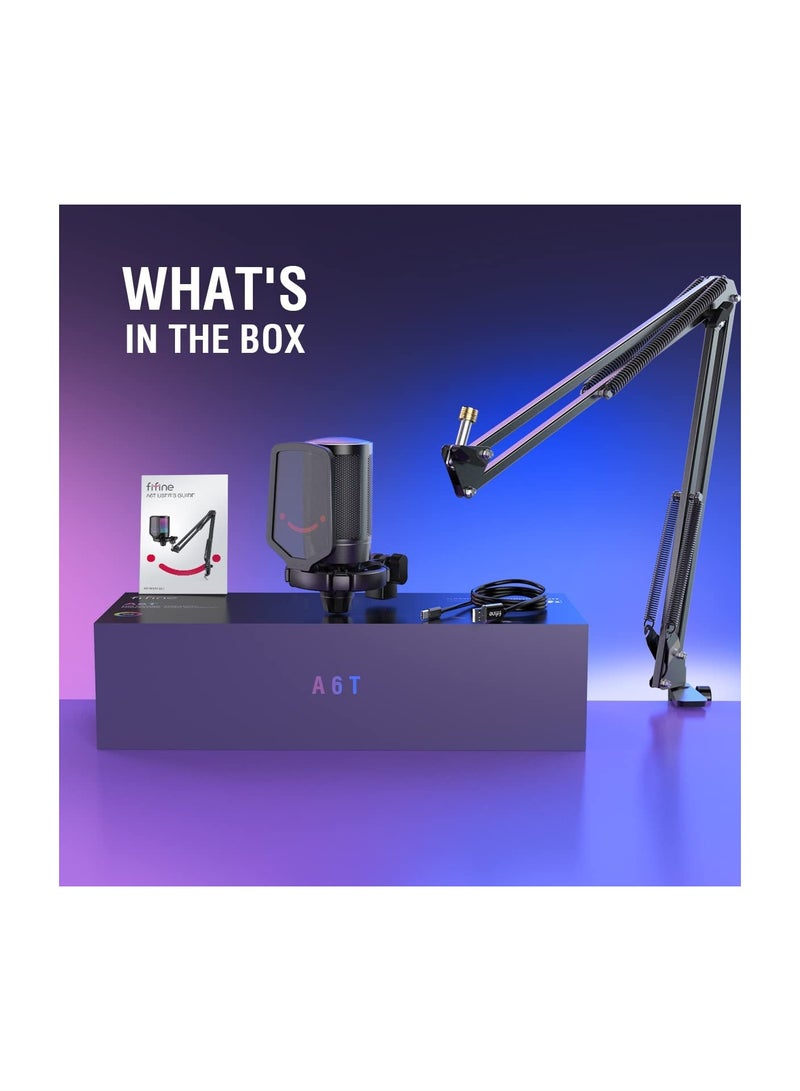 USB Gaming Microphone Kit, RGB Condenser Microphones Set For PC PS4 PS5 With Mute Button, PopFilter, Microphone Arm, Shock Mount For Streaming Podcast YouTube Videos A6T Black