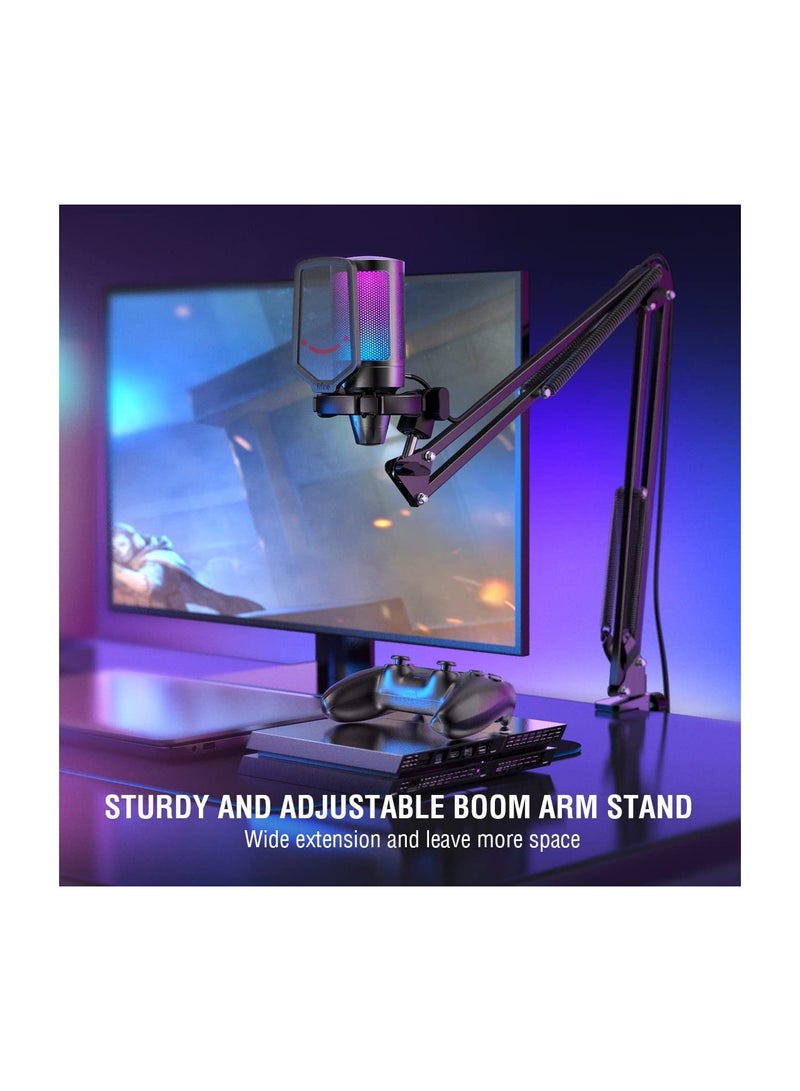 USB Gaming Microphone Kit, RGB Condenser Microphones Set For PC PS4 PS5 With Mute Button, PopFilter, Microphone Arm, Shock Mount For Streaming Podcast YouTube Videos A6T Black