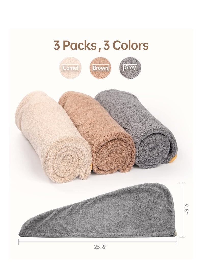 YFONG Microfiber Hair Towel 3 Pack, Hair Towel with Button, Super Absorbent Hair Towel Wrap for Curly Hair, Fast Drying Hair Turban Towel for Women, Anti Frizz Microfiber Towel