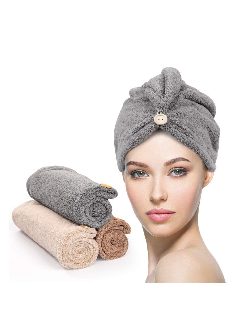 YFONG Microfiber Hair Towel 3 Pack, Hair Towel with Button, Super Absorbent Hair Towel Wrap for Curly Hair, Fast Drying Hair Turban Towel for Women, Anti Frizz Microfiber Towel