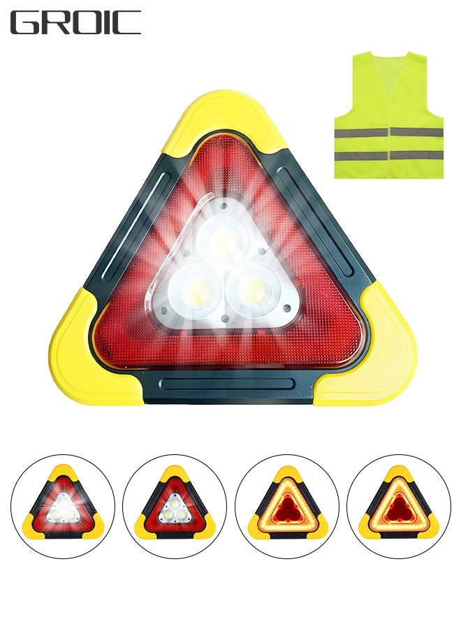 Multifunctional Emergency Warning Triangle - Car Triangle Warning Sign Tripod with Reflective vest, Safety Signal Light, LED flood Light, Water-resistant, Shockproof, Portable