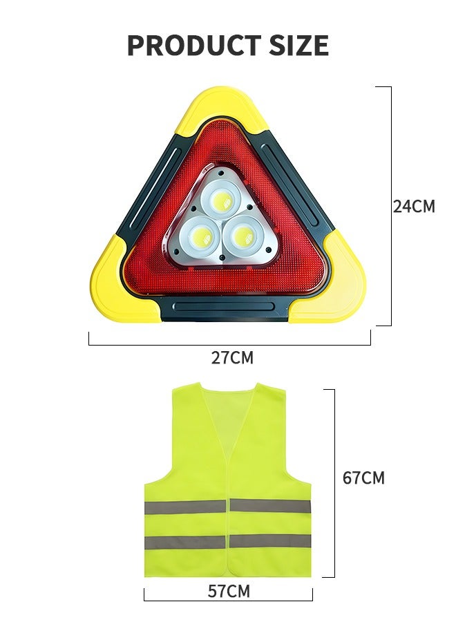 Multifunctional Emergency Warning Triangle - Car Triangle Warning Sign Tripod with Reflective vest, Safety Signal Light, LED flood Light, Water-resistant, Shockproof, Portable