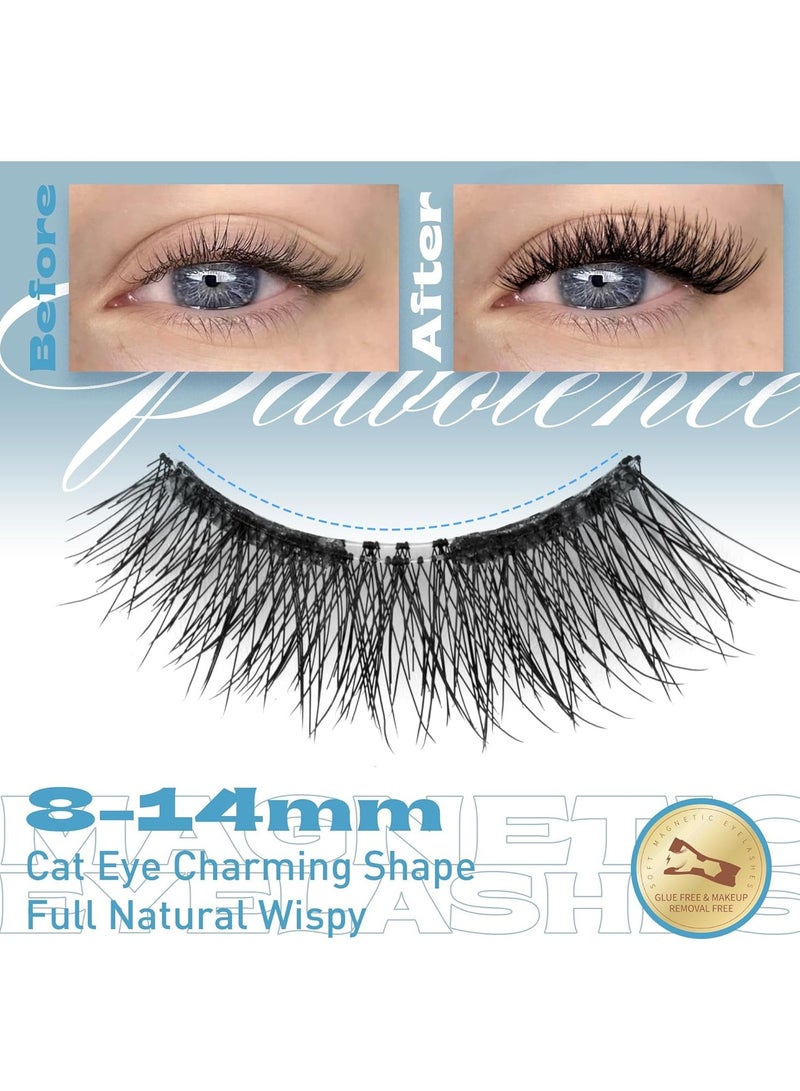 Pawotence Magnetic Eyelashes Natural Look Magnetic Lashes Cat Eye, Soft Magnets False Eyelashes Magnetic Lashes with Applicator, No Glue No Eyeliner Needed Easy to Wear Reusable Magnetic Eyelashes Kit