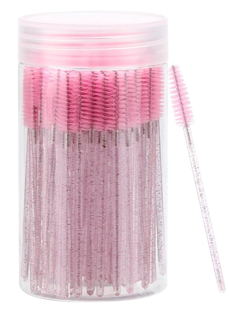 100 Pcs Disposable Mascara Wands, Crystal Eyebrow Spoolies Brush for Eyelash Extensions, Pink Lash Brushes with Container