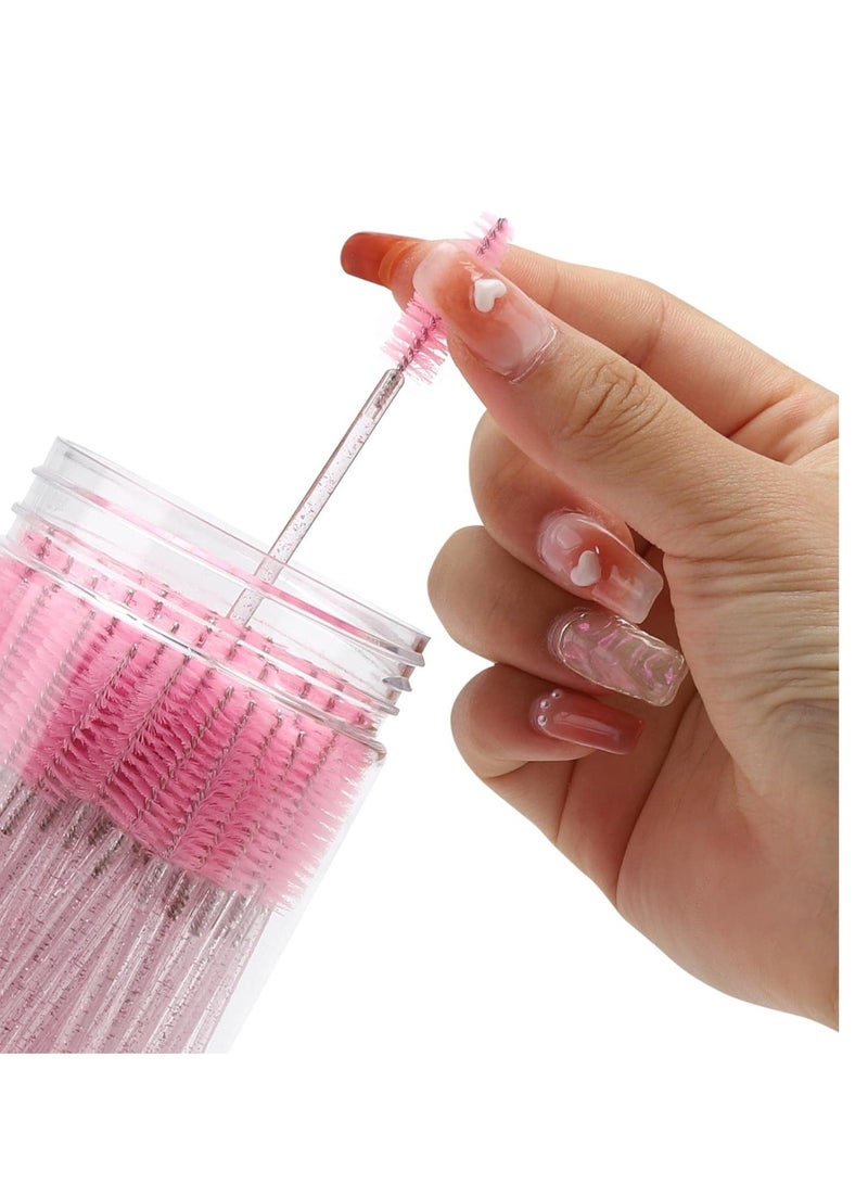 100 Pcs Disposable Mascara Wands, Crystal Eyebrow Spoolies Brush for Eyelash Extensions, Pink Lash Brushes with Container