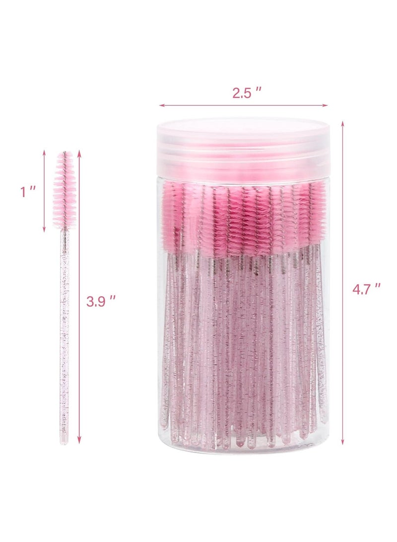 100 Pcs Disposable Mascara Wands, Crystal Eyebrow Spoolies Brush for Eyelash Extensions, Pink Lash Brushes with Container