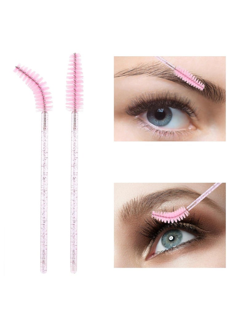 100 Pcs Disposable Mascara Wands, Crystal Eyebrow Spoolies Brush for Eyelash Extensions, Pink Lash Brushes with Container