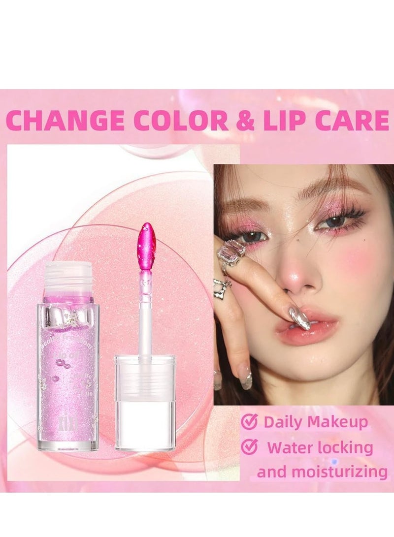 2PCS Color Changing Lip Oil Magic Cosmetics Gloss, Warm Change Moisturizing Soft Brush Long Lasting Nourishing Glow Non-sticky Primer Tint