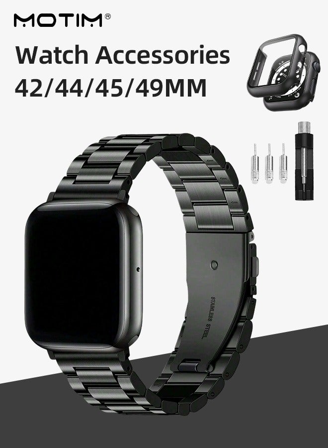 Classic Metal iWatch Band with Case Compatible Apple Watch Straps 42/44/45/46/49mm, Watch Replacement Strap for Apple Watch Series 9/8/7/6/5/4/3/2/1/SE/SE2/Ultra/Ultra2