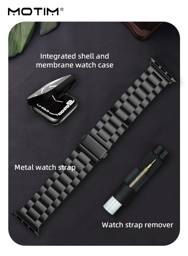 Classic Metal iWatch Band with Case Compatible Apple Watch Straps 42/44/45/46/49mm, Watch Replacement Strap for Apple Watch Series 9/8/7/6/5/4/3/2/1/SE/SE2/Ultra/Ultra2
