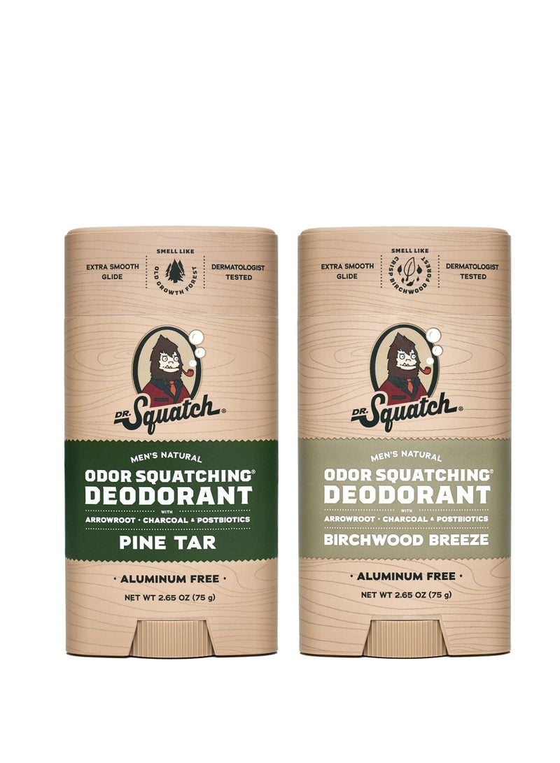 Dr. Squatch Natural Deodorant for Men – Odor-Squatching Men's Deodorant Aluminum Free - Pine Tar + Birchwood Breeze (2.65 oz, 2 Pack) - Packaging may vary