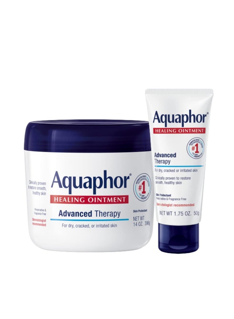 Aquaphor Healing Ointment Skin Care Set, Body Moisturizer for Dry Skin, Minor Cuts and Burns, Dry Cuticles, Cracked Heels, Hands and Lips, Holiday Gifts for Self Care, 14 Oz Jar + 1.75 Oz Tube