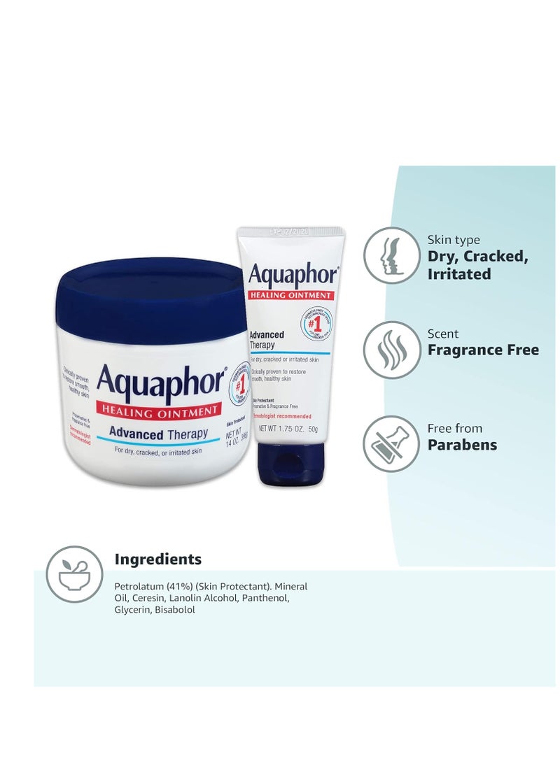 Aquaphor Healing Ointment Skin Care Set, Body Moisturizer for Dry Skin, Minor Cuts and Burns, Dry Cuticles, Cracked Heels, Hands and Lips, Holiday Gifts for Self Care, 14 Oz Jar + 1.75 Oz Tube