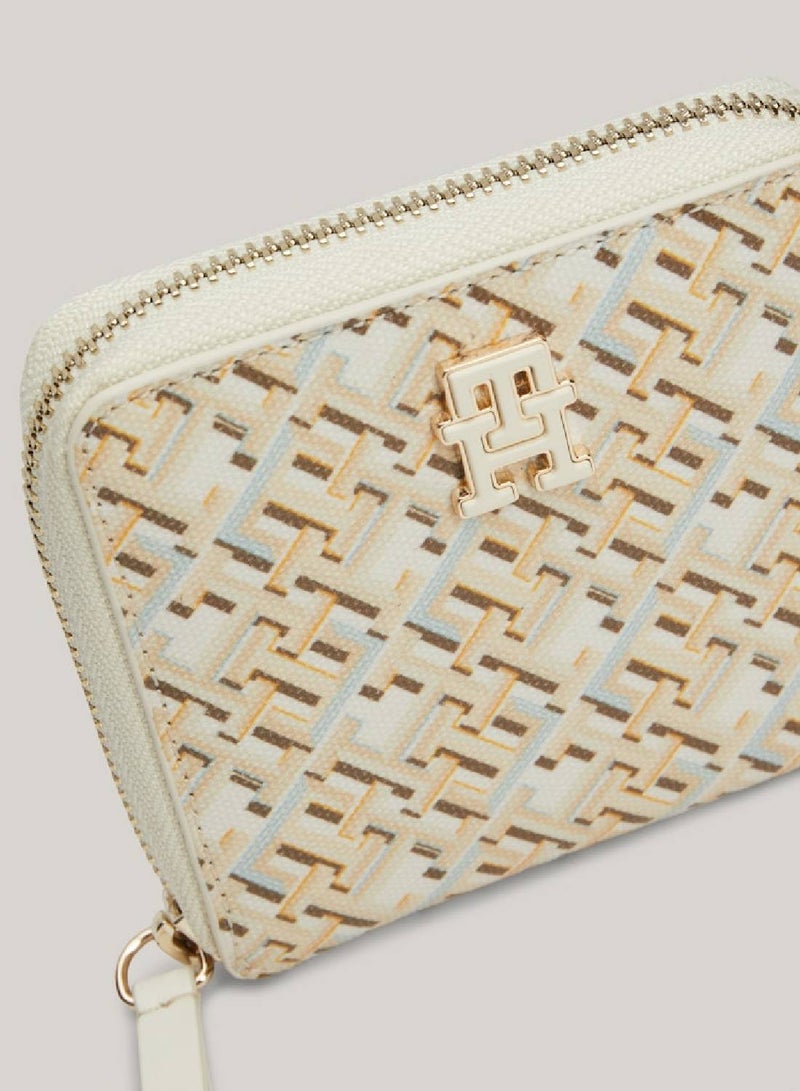 Women's Zip-Around Coin Wallet -  Pure cotton, Beige