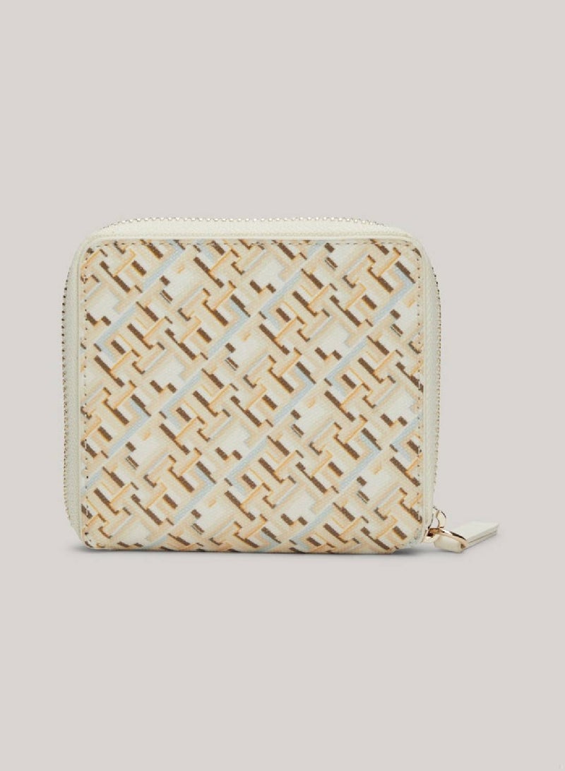 Women's Zip-Around Coin Wallet -  Pure cotton, Beige