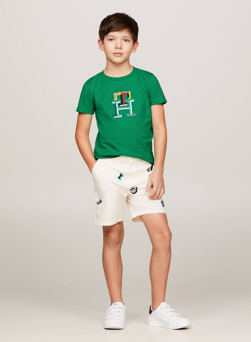 Boys' Th Monogram Multicolour Embroidery T-Shirt -  Pure cotton, Green