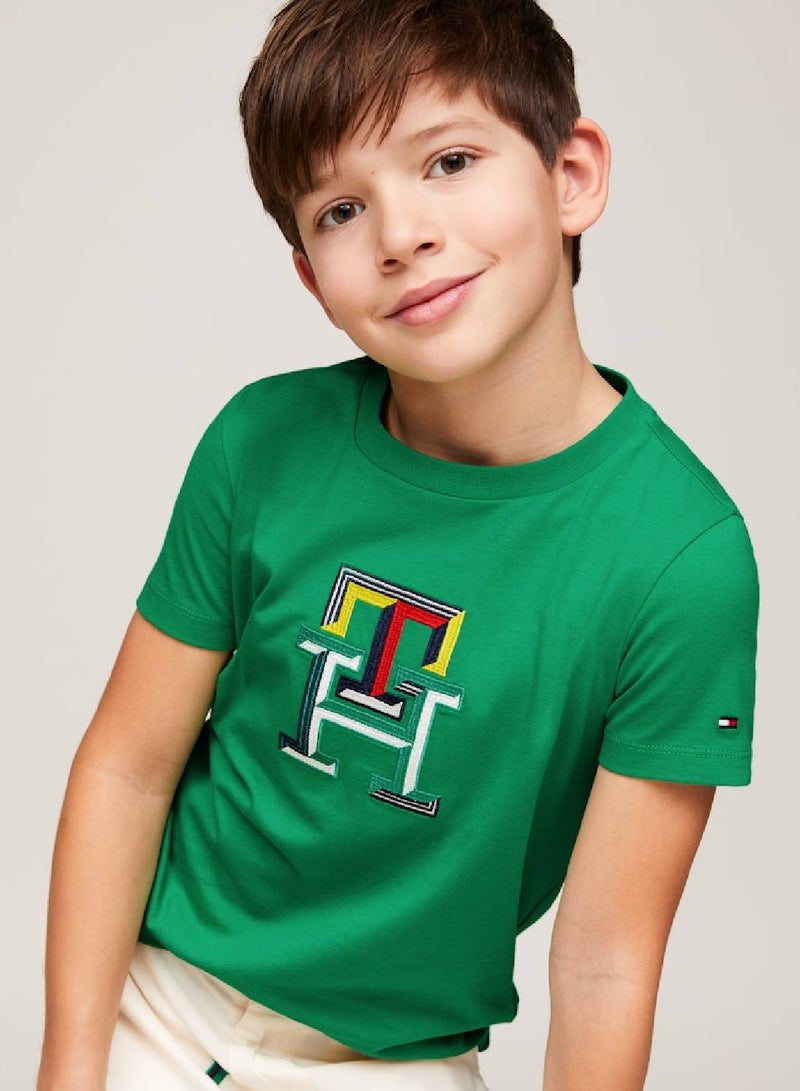 Boys' Th Monogram Multicolour Embroidery T-Shirt -  Pure cotton, Green