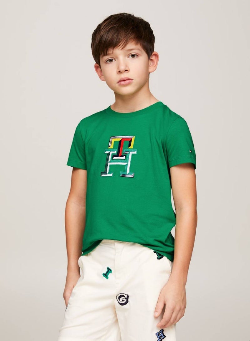 Boys' Th Monogram Multicolour Embroidery T-Shirt -  Pure cotton, Green