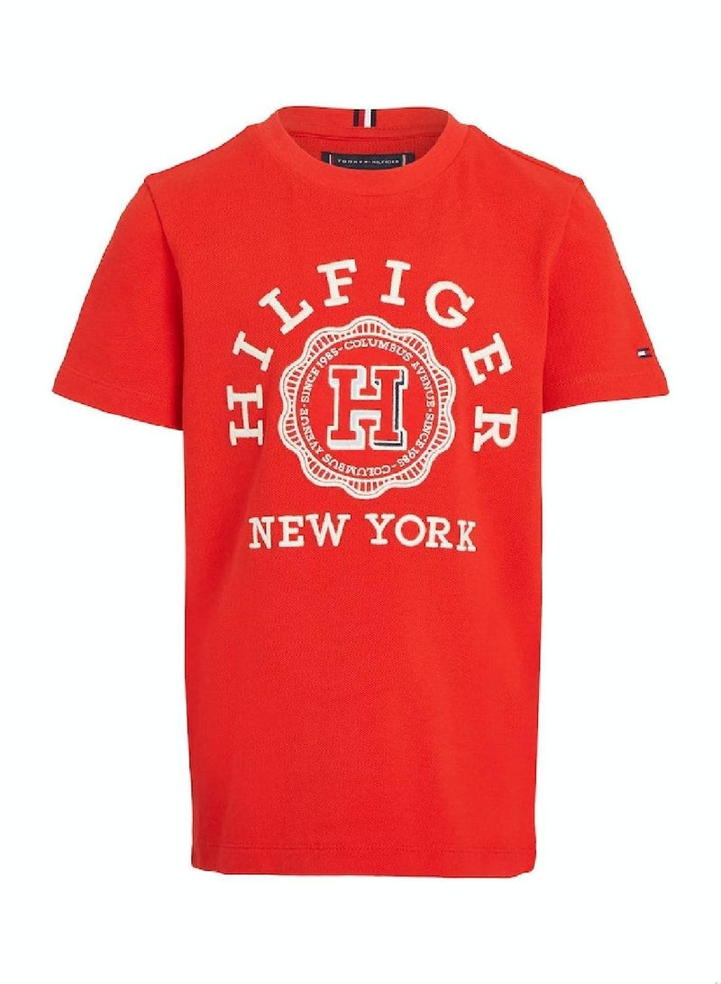 Boys' Hilfiger Monotype Archive Crest Logo Embroidery T-Shirt -  Pure cotton, Red