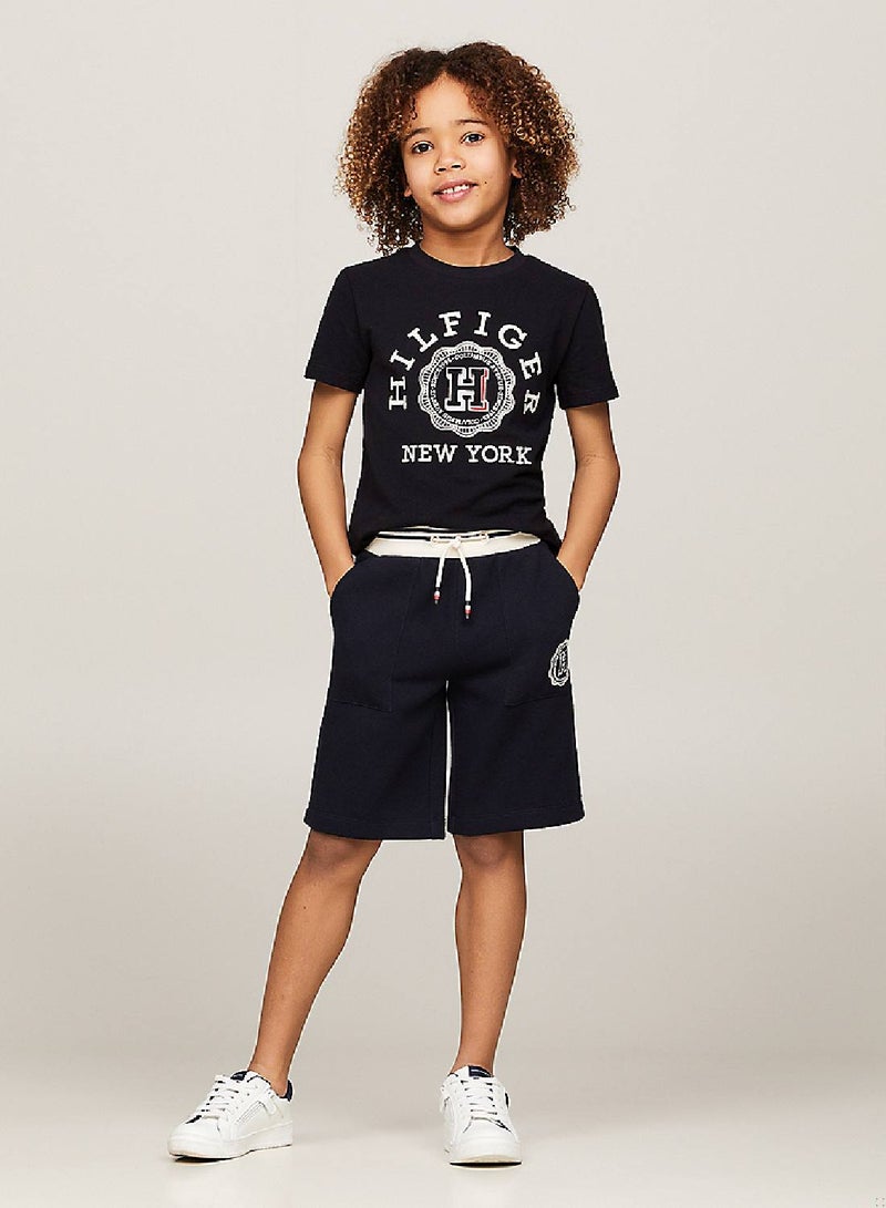 Boys' Hilfiger Monotype Archive Crest Logo Embroidery T-Shirt -  Pure cotton, Blue