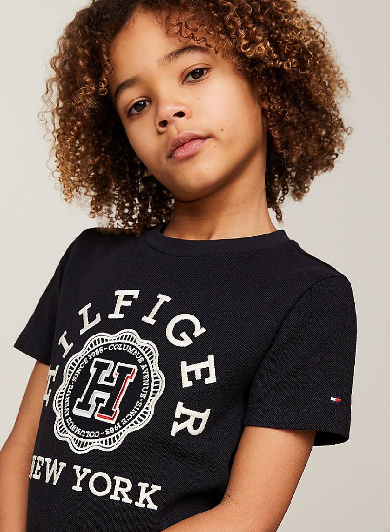 Boys' Hilfiger Monotype Archive Crest Logo Embroidery T-Shirt -  Pure cotton, Blue