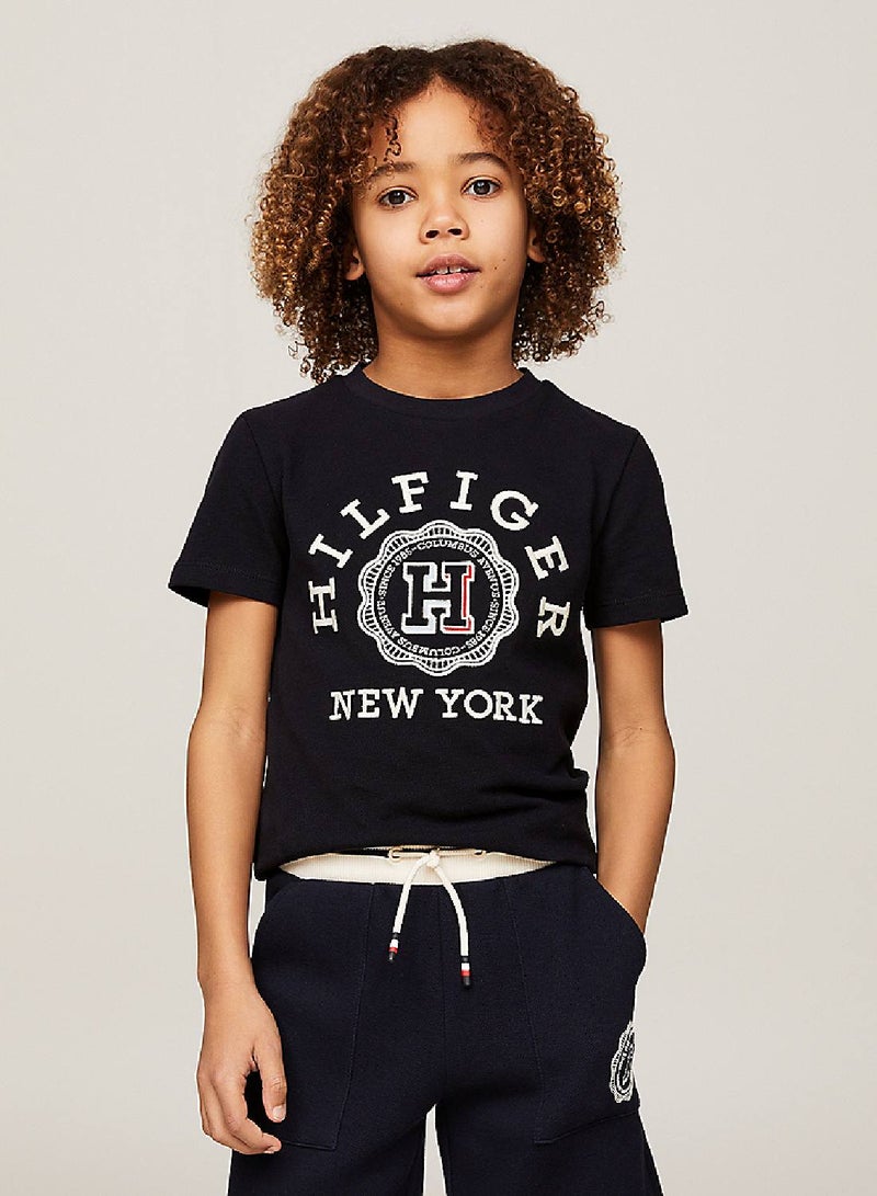 Boys' Hilfiger Monotype Archive Crest Logo Embroidery T-Shirt -  Pure cotton, Blue