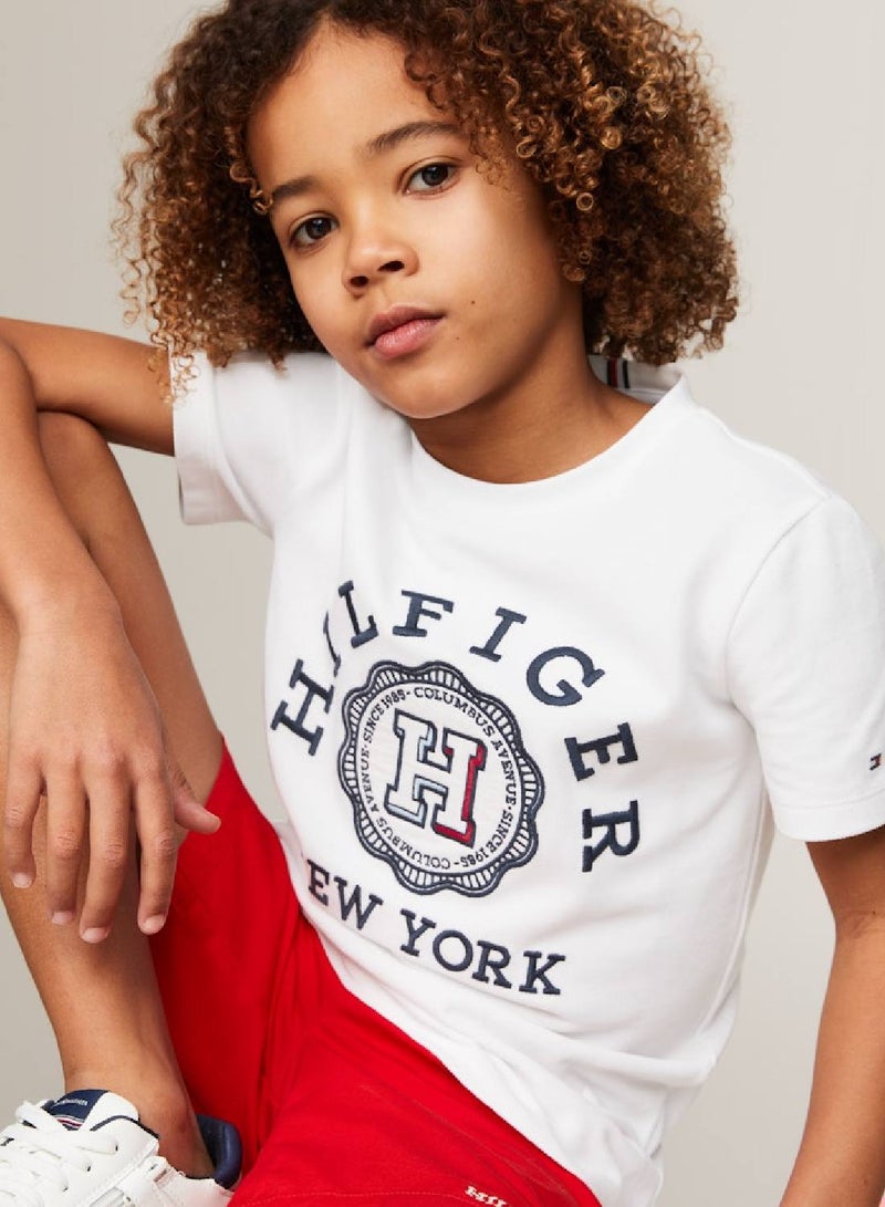 Boys' Hilfiger Monotype Archive Crest Logo Embroidery T-Shirt -  Pure cotton, White