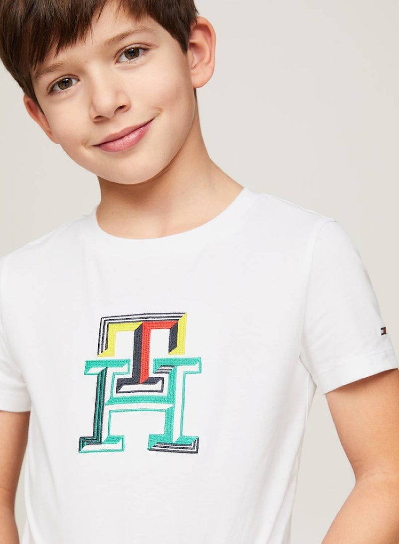 Boys' Th Monogram Multicolour Embroidery T-Shirt -  Pure cotton, White