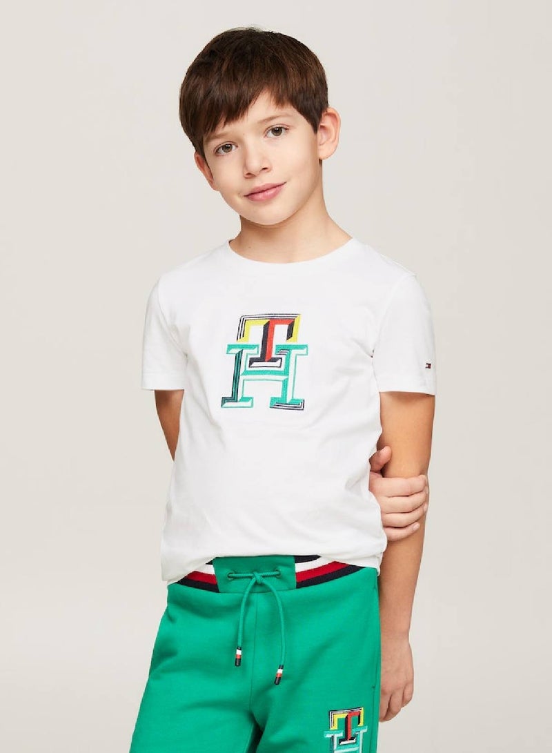 Boys' Th Monogram Multicolour Embroidery T-Shirt -  Pure cotton, White