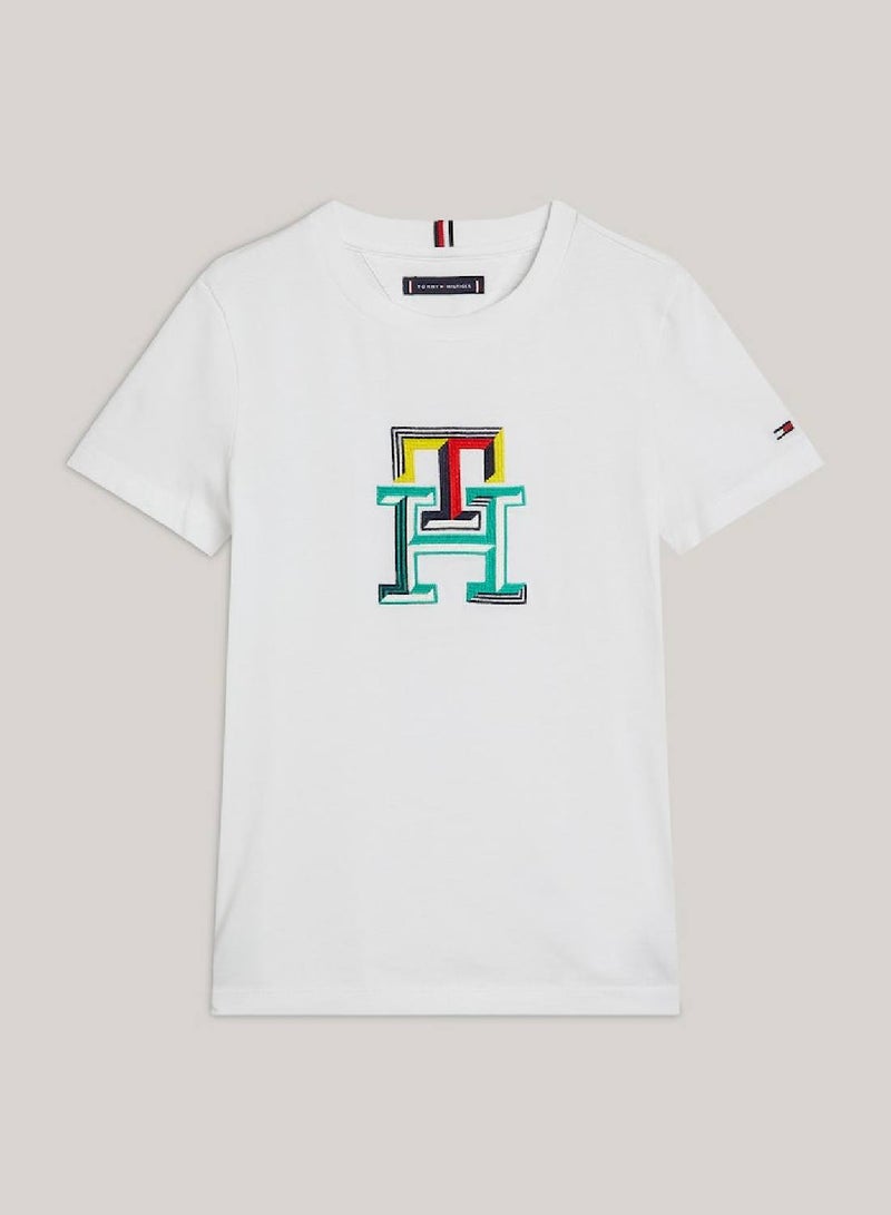 Boys' Th Monogram Multicolour Embroidery T-Shirt -  Pure cotton, White