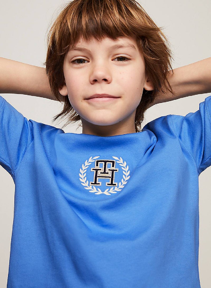 Boys' Th Monogram Crest Logo T-Shirt -  Pure cotton, Blue