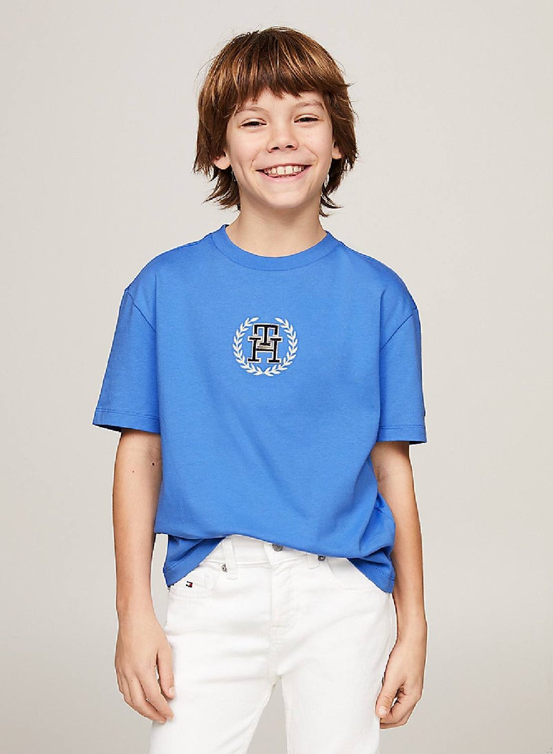 Boys' Th Monogram Crest Logo T-Shirt -  Pure cotton, Blue