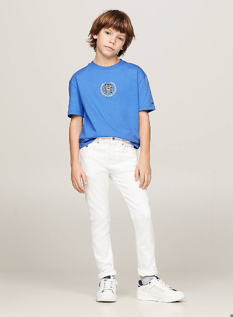 Boys' Th Monogram Crest Logo T-Shirt -  Pure cotton, Blue