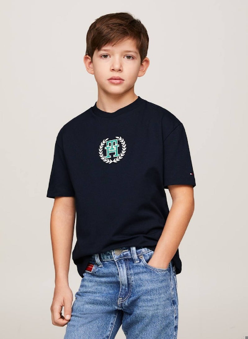 Boys' Th Monogram Crest Logo T-Shirt -  Pure cotton, Blue