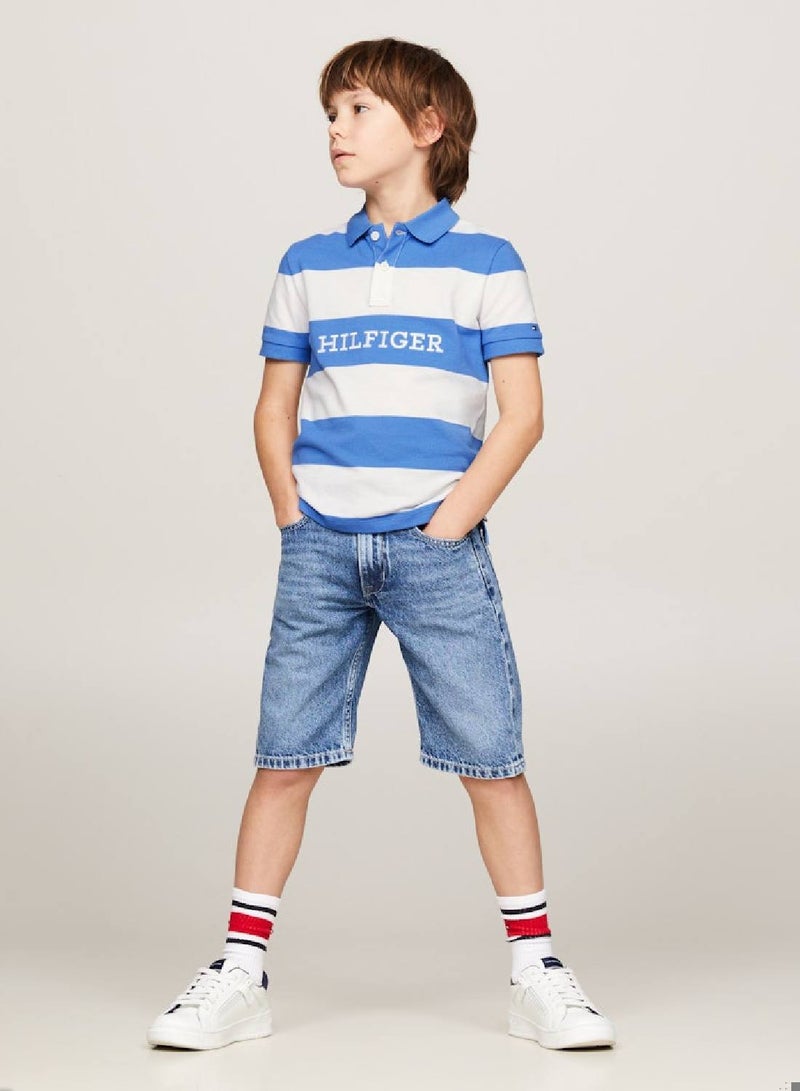 Boys' Hilfiger Monotype Colour-Blocked Regular Fit Polo -  Pure cotton pique, White/ Blue