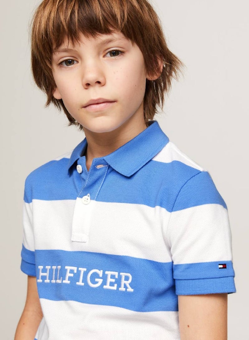 Boys' Hilfiger Monotype Colour-Blocked Regular Fit Polo -  Pure cotton pique, White/ Blue