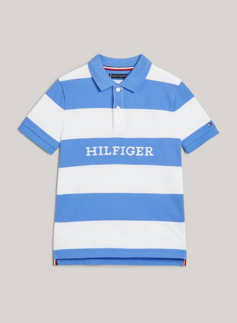 Boys' Hilfiger Monotype Colour-Blocked Regular Fit Polo -  Pure cotton pique, White/ Blue