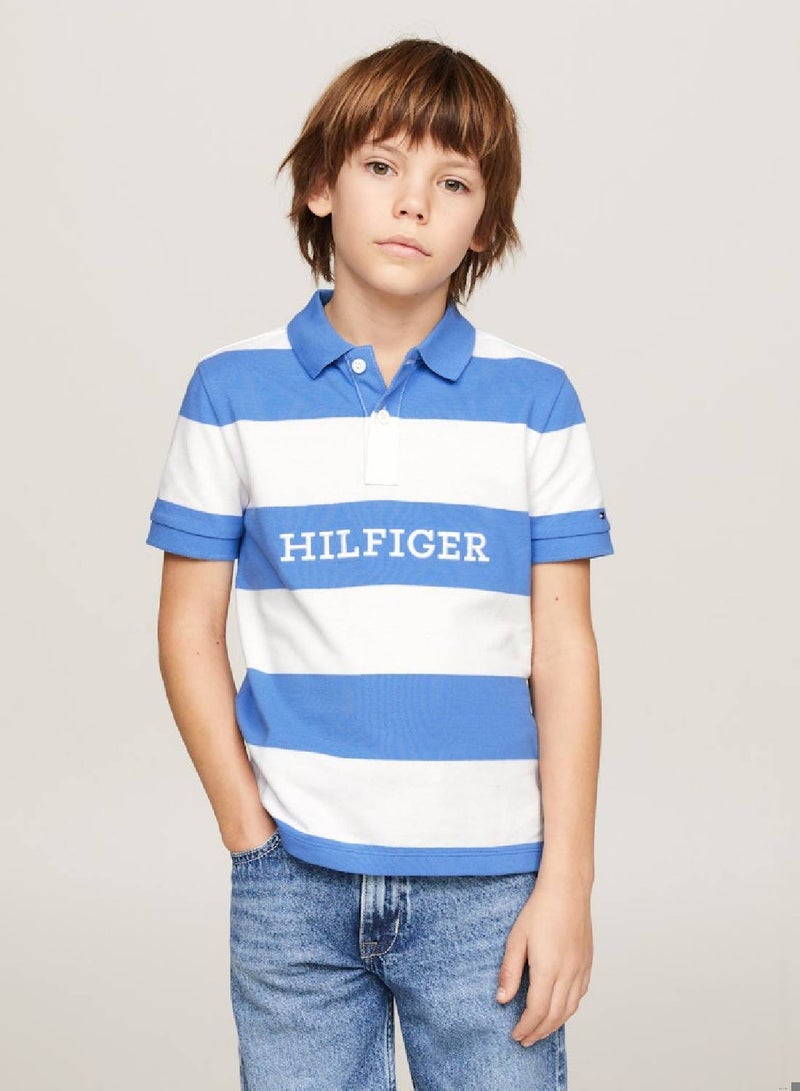 Boys' Hilfiger Monotype Colour-Blocked Regular Fit Polo -  Pure cotton pique, White/ Blue