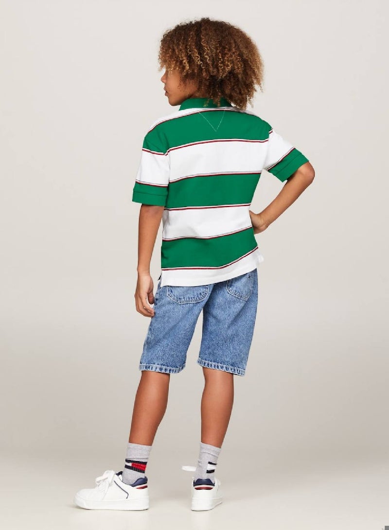 Boys' Global Stripe Rugby Polo -  Pure cotton, White/ Green