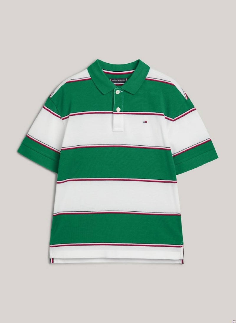 Boys' Global Stripe Rugby Polo -  Pure cotton, White/ Green