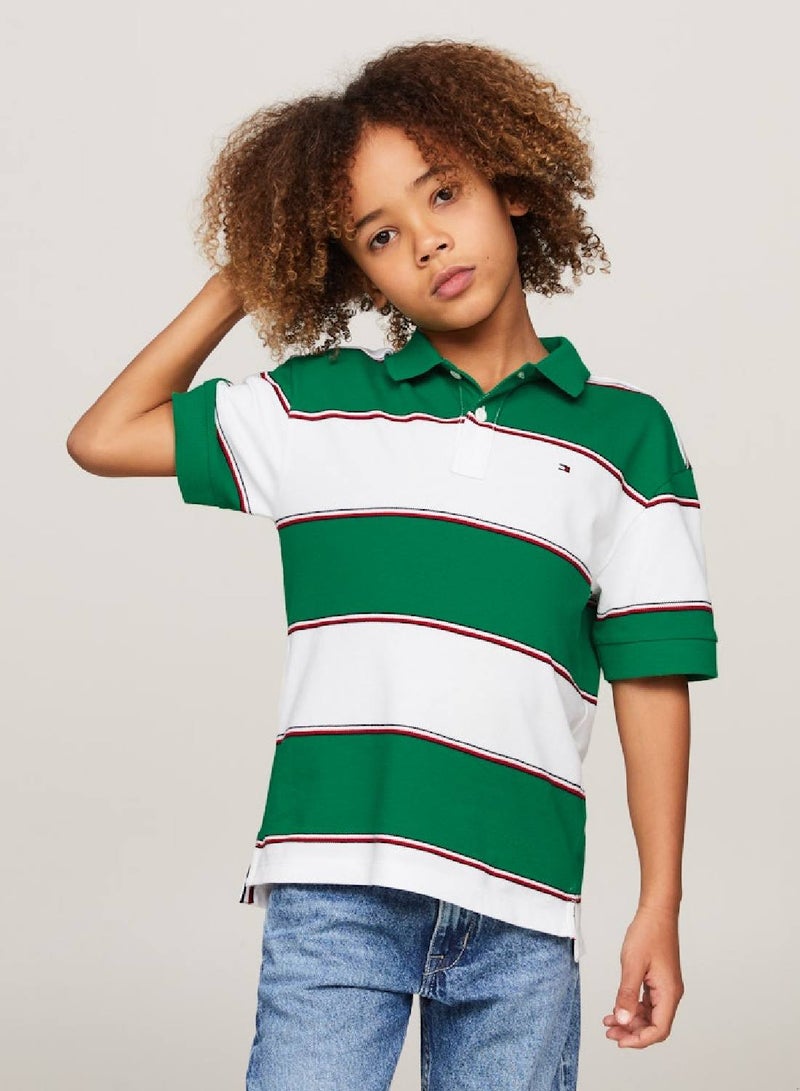 Boys' Global Stripe Rugby Polo -  Pure cotton, White/ Green