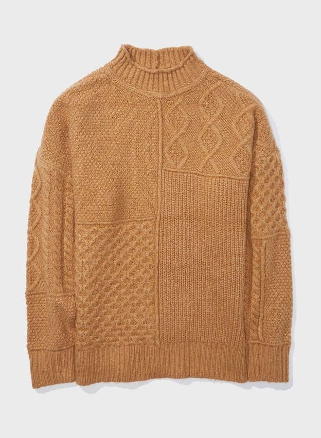 High Neck Knitted Sweater Brown