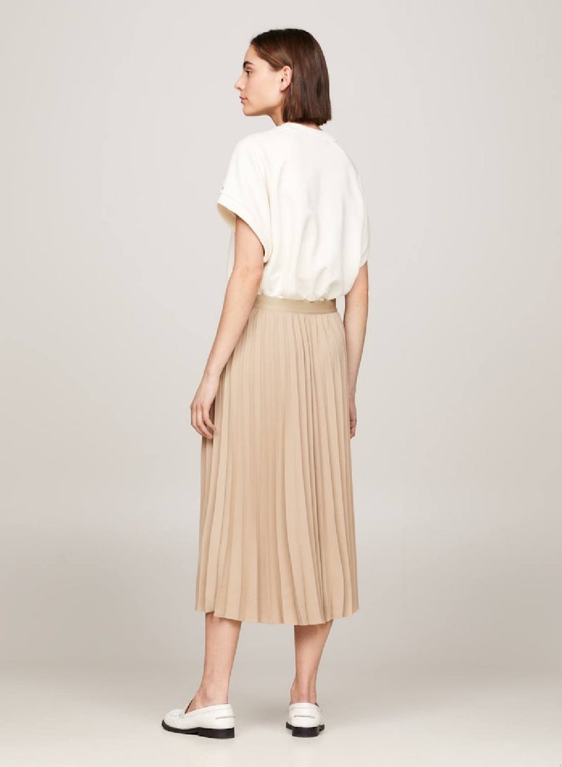 Women's Logo Waistband Pleated Midi Skirt -  Recycled polyester blend twill, Beige